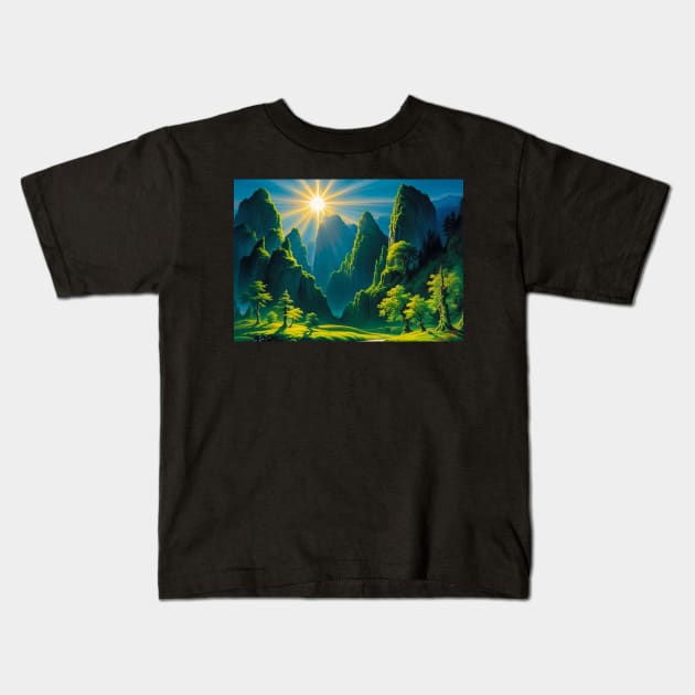 Brilliant Sun Shining Over A Green Valley Kids T-Shirt by CursedContent